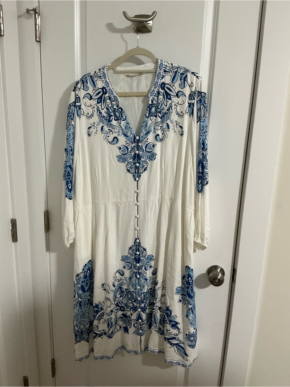 Soft Surroundings White Dress with Blue Floral Embroidery